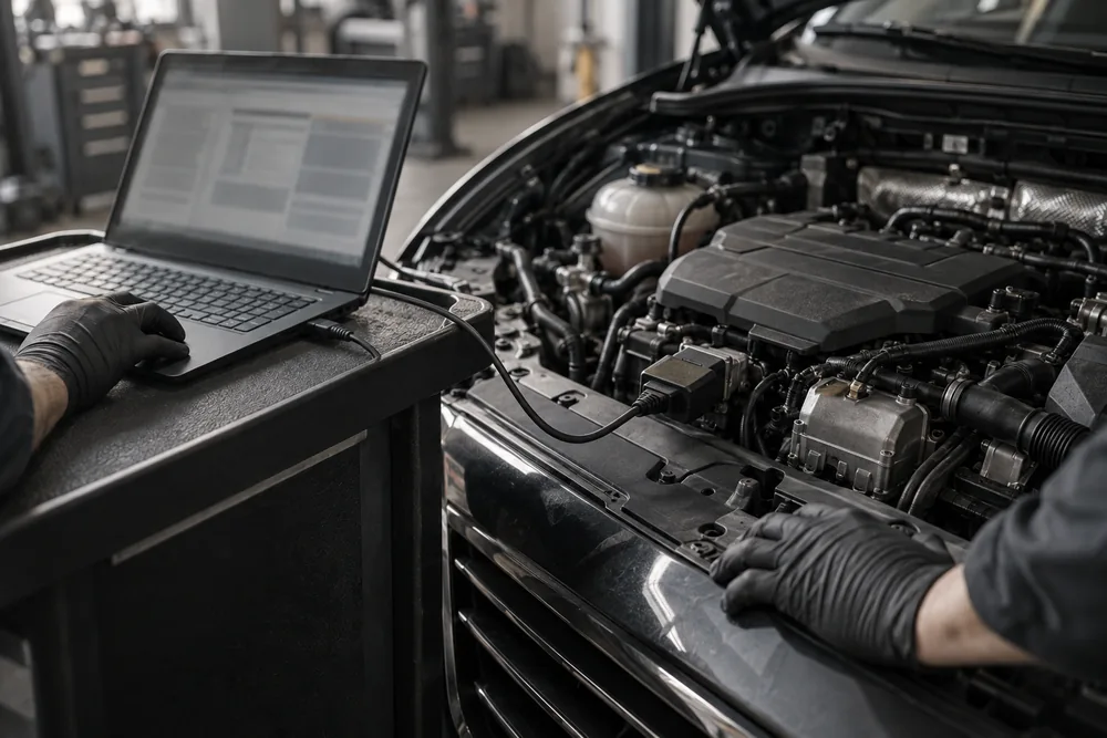 Illustrative workshop photograph of a technician diagnosing an engine with a laptop